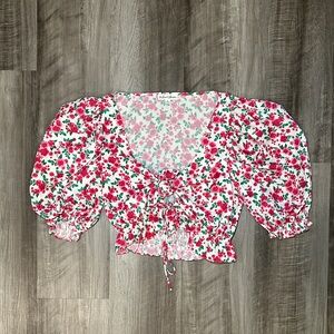 For Love And Lemons Petal Carnation Crop Tied Puff Sleeve Top - Small
